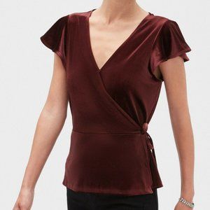 🔖3 for $25 Banana Republic | Maroon Velvet Wrap Shirt Bow Flutter Sleeve
